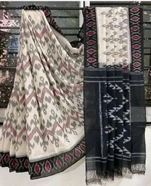 Handicrafts Women's Ikat Hand Block Print Pure Soft mul Cotton Saree with Blouse Piece grey white black