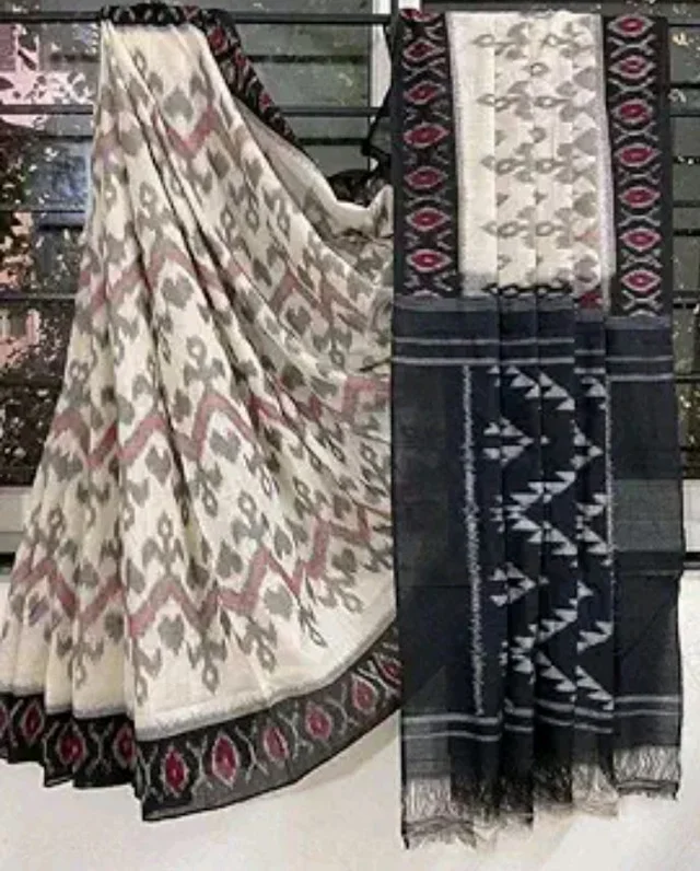 Handicrafts Women's Ikat Hand Block Print Pure Soft mul Cotton Saree with Blouse Piece grey white black