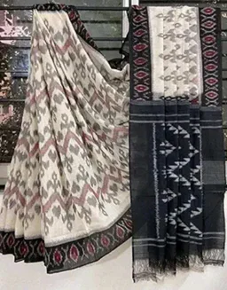 Handicrafts Women's Ikat Hand Block Print Pure Soft mul Cotton Saree with Blouse Piece grey white black