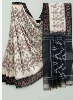 Handicrafts Women's Ikat Hand Block Print Pure Soft mul Cotton Saree with Blouse Piece grey white black