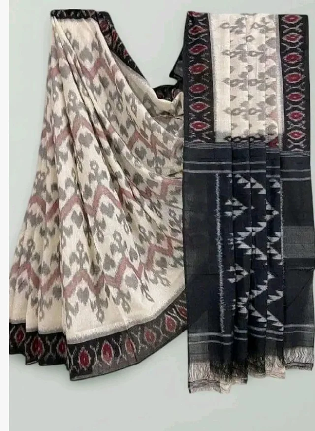Handicrafts Women's Ikat Hand Block Print Pure Soft mul Cotton Saree with Blouse Piece grey white black
