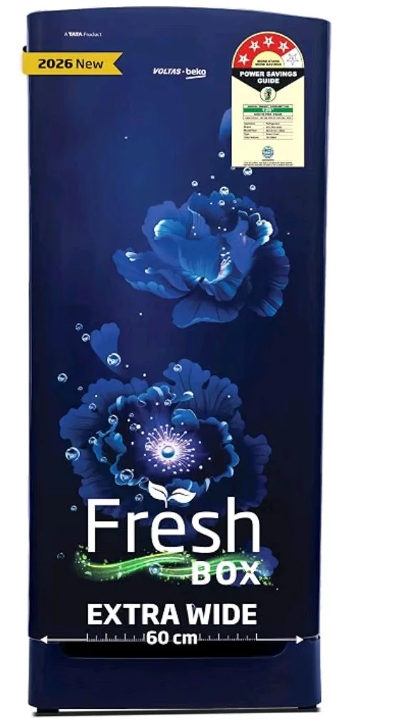 Voltas Beko, A Tata Product 183 L, 4-Star Single Door Direct Cool Refrigerator with Fresh Box Technology (2026 Model, RDC215A / 4W0FBR0M0B00GO, Fairy Flower Blue, Base Drawer)