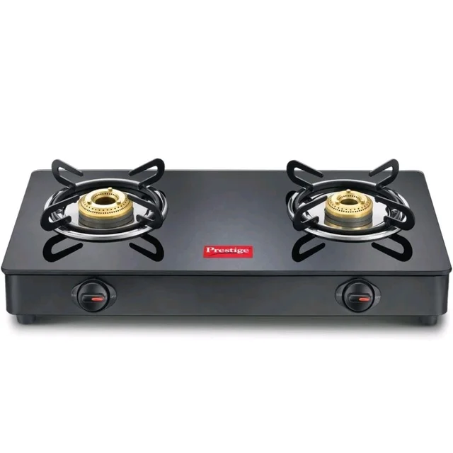 Prestige IRIS Toughened Glass-Top 2 Brass Burner LPG Gas Stove | Black | Spill Proof | Ergonomic Knobs | Tri-Pin Brass Burners |Open