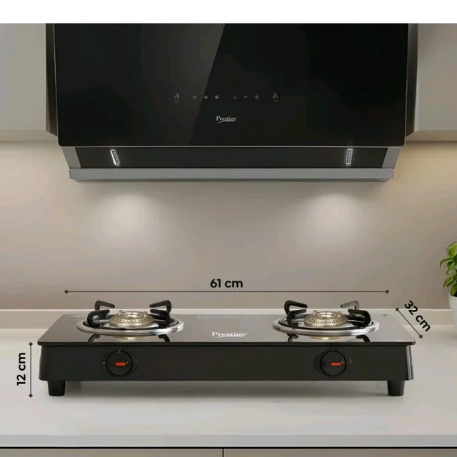 Prestige IRIS Toughened Glass-Top 2 Brass Burner LPG Gas Stove | Black | Spill Proof | Ergonomic Knobs | Tri-Pin Brass Burners |Open