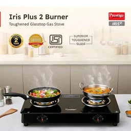 Prestige IRIS Toughened Glass-Top 2 Brass Burner LPG Gas Stove | Black | Spill Proof | Ergonomic Knobs | Tri-Pin Brass Burners |Open