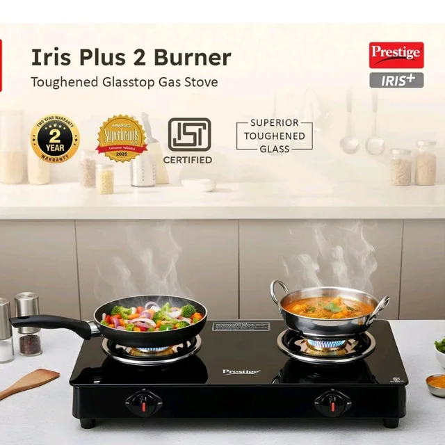 Prestige IRIS Toughened Glass-Top 2 Brass Burner LPG Gas Stove | Black | Spill Proof | Ergonomic Knobs | Tri-Pin Brass Burners |Open