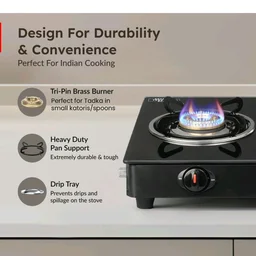 Prestige IRIS Toughened Glass-Top 2 Brass Burner LPG Gas Stove | Black | Spill Proof | Ergonomic Knobs | Tri-Pin Brass Burners |Open