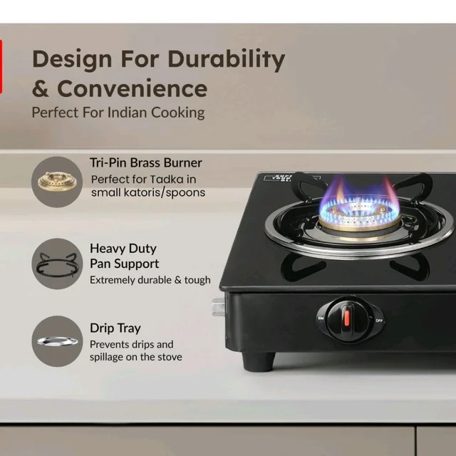 Prestige IRIS Toughened Glass-Top 2 Brass Burner LPG Gas Stove | Black | Spill Proof | Ergonomic Knobs | Tri-Pin Brass Burners |Open