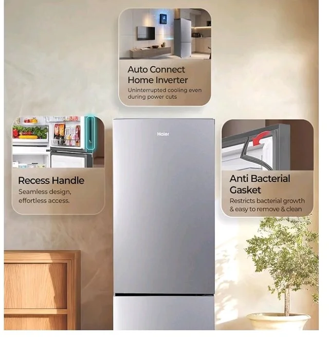 Haier 237 L 2 Star Frost Free Twin Inverter Double Door Bottom Mount Refrigerator with Extra Spacious 2X Veg Box (HEB-242EGSA-P, Moon Silver, 2026 Model)