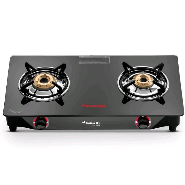 Butterfly Smart 2 Burner Glass Top Gas Stove | Manual Ignition | Scratch Resistant Toughened Glass | Brass Burners | Skid-proof Legs | 1 Year Manufacturer's Warranty | Black