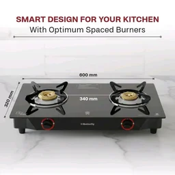 Butterfly Smart 2 Burner Glass Top Gas Stove | Manual Ignition | Scratch Resistant Toughened Glass | Brass Burners | Skid-proof Legs | 1 Year Manufacturer's Warranty | Black