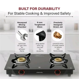 Butterfly Smart 2 Burner Glass Top Gas Stove | Manual Ignition | Scratch Resistant Toughened Glass | Brass Burners | Skid-proof Legs | 1 Year Manufacturer's Warranty | Black