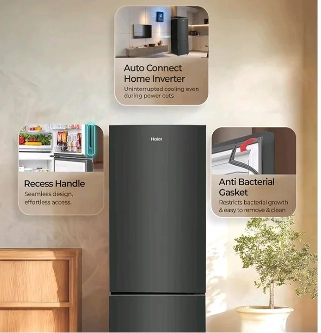 Haier 237 L 2 Star Frost Free Twin Inverter Double Door Bottom Mount Refrigerator with Extra Spacious 2X Veg Box (HEB-242EGBA-P, GE Black, 2026 Model)
