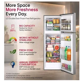 LG 251 L, 1 Star, Frost-Free Smart Inverter Double Door Refrigerator with Smart Mode (GLT2516WWPZ, Shiny Steel, Multi Air Flow Cooling with Max Fresh Zone, 2026 Model)