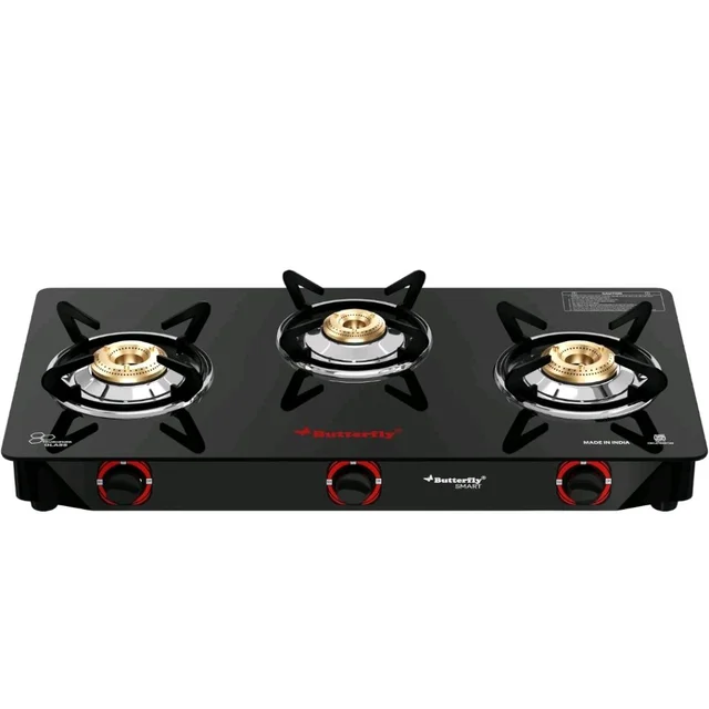 Butterfly Smart 3 Burner Glass Top Gas Stove | Manual Ignition | Scratch Resistant Toughened Glass | Brass Burners | Skid-proof Legs | 1 Year Manufacturer's Warranty | Black