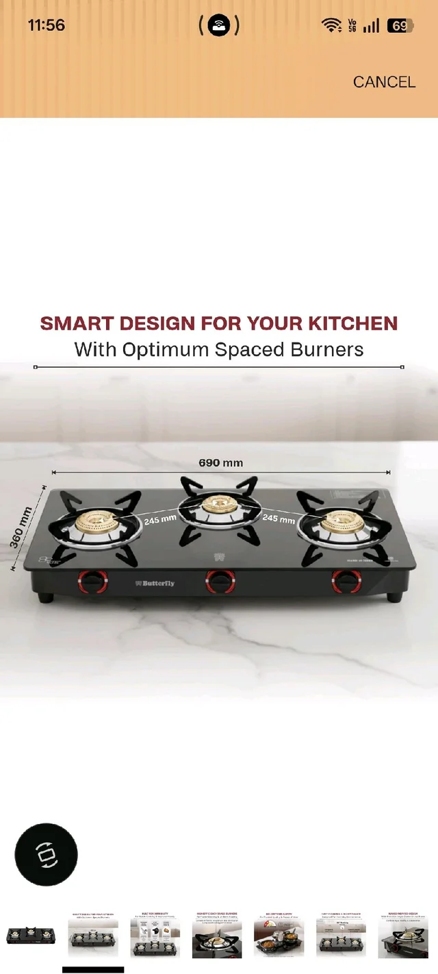 Butterfly Smart 3 Burner Glass Top Gas Stove | Manual Ignition | Scratch Resistant Toughened Glass | Brass Burners | Skid-proof Legs | 1 Year Manufacturer's Warranty | Black