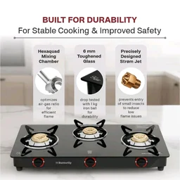 Butterfly Smart 3 Burner Glass Top Gas Stove | Manual Ignition | Scratch Resistant Toughened Glass | Brass Burners | Skid-proof Legs | 1 Year Manufacturer's Warranty | Black