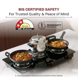 Butterfly Smart 3 Burner Glass Top Gas Stove | Manual Ignition | Scratch Resistant Toughened Glass | Brass Burners | Skid-proof Legs | 1 Year Manufacturer's Warranty | Black