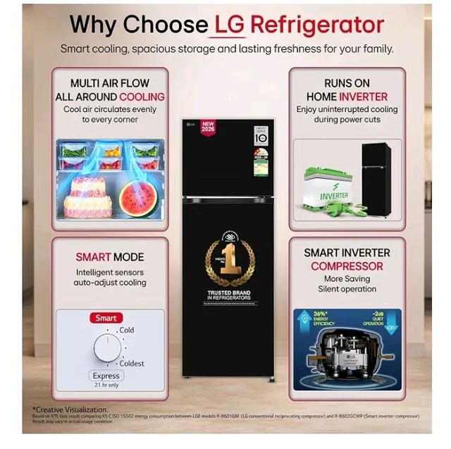 LG 251 L, 2 Star, Smart Inverter, Smart Mode, Frost-Free Double Door Refrigerator (GLT2526WWOB, Onyx Black, Multi Air Flow, Express Freeze, Deodorizer, Bigger Size & Better Cooling, 2026 Model)