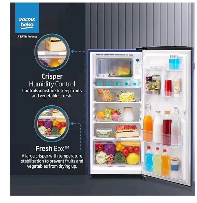 Voltas Beko, A Tata Product 183 L, 2-Star Single Door Direct Cool Refrigerator with Fresh Box Technology (RDC215C / 2S0XER0M0000GO, Hairline Blue)
