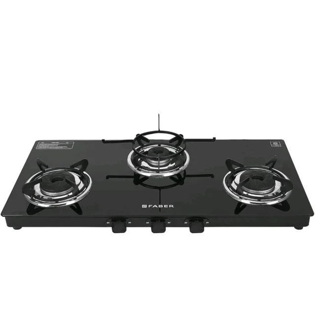 Faber Phoenix 3 Burner Cooktop | Black Glass Finish | Double Drip Tray | ABS Knobs | Pan Support |5 Yr Warranty on Burner & 2Yrs Comprehensive | Phoenix 3BA BK