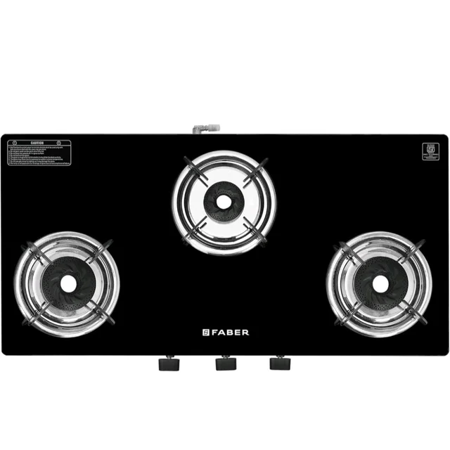 Faber Phoenix 3 Burner Cooktop | Black Glass Finish | Double Drip Tray | ABS Knobs | Pan Support |5 Yr Warranty on Burner & 2Yrs Comprehensive | Phoenix 3BA BK