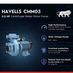 Havells Centrifugal Water Pump CMM05 (0.5 HP) | Copper Winding, High Flow Rate, 180-260 V Range | Overheat Protection, Durable | for Home, Irrigation, Gardening | 1 Yr Warranty, Half (1/2) HP