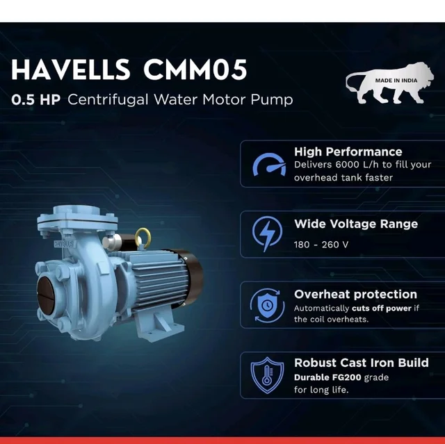 Havells Centrifugal Water Pump CMM05 (0.5 HP) | Copper Winding, High Flow Rate, 180-260 V Range | Overheat Protection, Durable | for Home, Irrigation, Gardening | 1 Yr Warranty, Half (1/2) HP