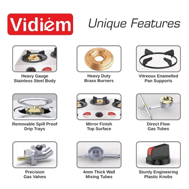 Vidiem Gas Stove S3 195 A Vector Plus (Silver) | 3 Burner Gas Stove Stainless Steel | ISI Certified | Manual Ignition | 5 Years Warranty
Amazon's Choice
