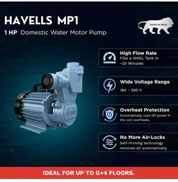 Havells Monoblock Water Motor Pump MP1 I1hp water pump | Copper Winding, High Flow Rate, 180-260 V Range | Overheat Protection, Durable, Rust Resistant | For Home, Apartment | 1 Yr Warranty.