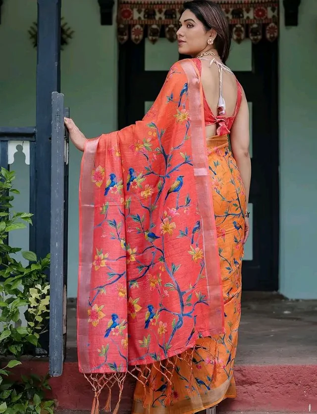 SIRIL Women's Cotton Linen Printed Saree with Unstitched Blouse Piece