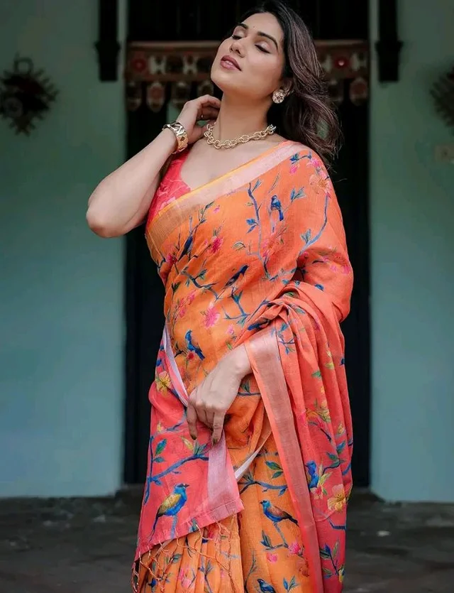 SIRIL Women's Cotton Linen Printed Saree with Unstitched Blouse Piece