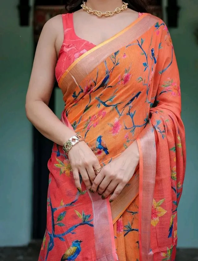 SIRIL Women's Cotton Linen Printed Saree with Unstitched Blouse Piece