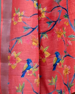 SIRIL Women's Cotton Linen Printed Saree with Unstitched Blouse Piece