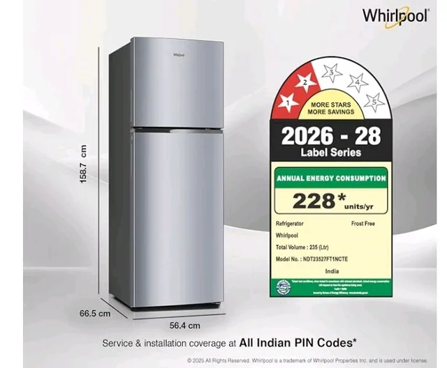 Whirlpool 235 L 2 Star Frost-free inverter Double Door Refrigerator (NEO SP278 PRM LUNAR STEEL(2S, 2026 Model)-Y, 2026 Model)