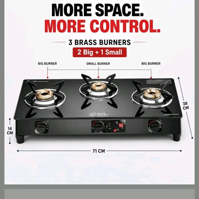 White Swan Time Tech Gas Stove | Toughened Glass Top | Brass Burners | Auto Shut-off | Manual Ignition | LPG | ISI Certified | Nylon Knobs | 2 Year Warranty (3 Burner)