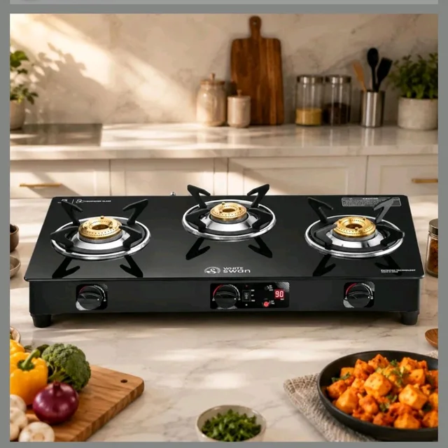 White Swan Time Tech Gas Stove | Toughened Glass Top | Brass Burners | Auto Shut-off | Manual Ignition | LPG | ISI Certified | Nylon Knobs | 2 Year Warranty (3 Burner)