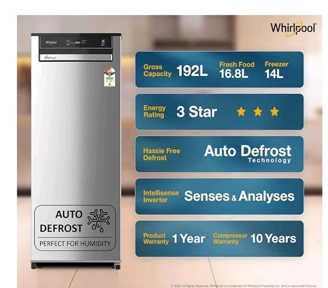 Whirlpool 192 L 3 Star Vitamagic PRO Frost Free Direct-Cool Single Door Refrigerator (215 VMPRO PRM 3S RADIANT STEEL-Y, Silver, Auto Defrost Technology, 2026 Model)
Product Images and Videos (AI-Generated Alt Text)