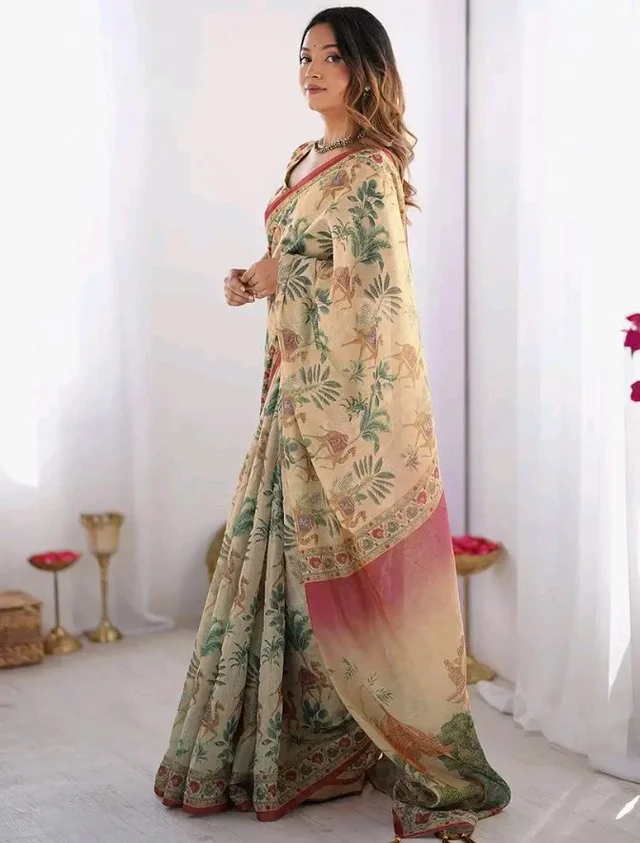 112
SIRIL Women's Cotton Linen Kalamkari Printed Handloom Saree with Unstitched Blouse Piece