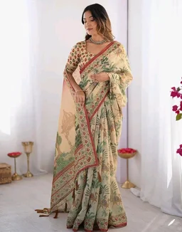 112
SIRIL Women's Cotton Linen Kalamkari Printed Handloom Saree with Unstitched Blouse Piece