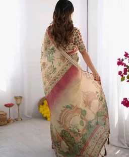 112
SIRIL Women's Cotton Linen Kalamkari Printed Handloom Saree with Unstitched Blouse Piece