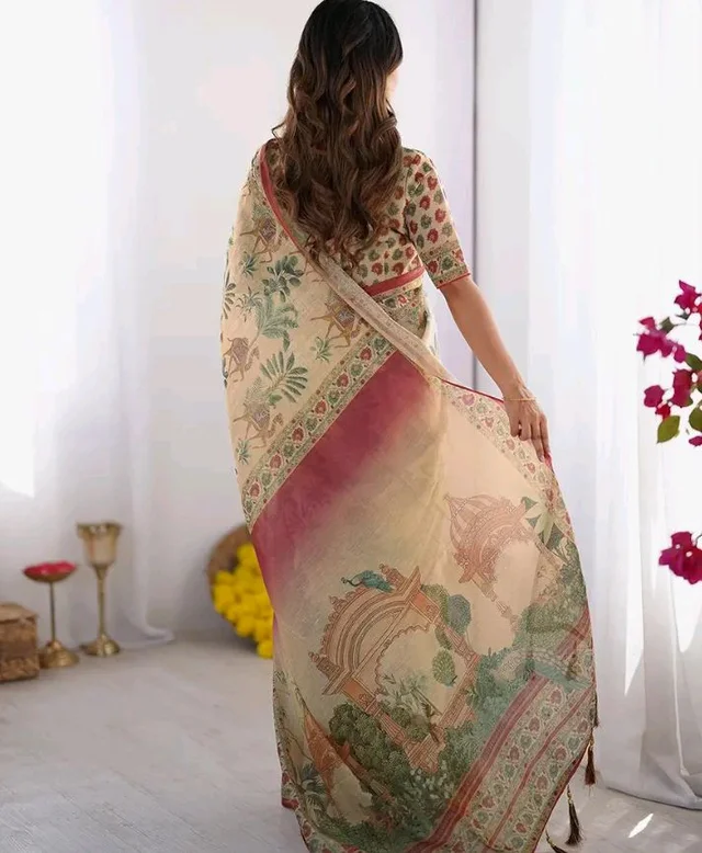 112
SIRIL Women's Cotton Linen Kalamkari Printed Handloom Saree with Unstitched Blouse Piece