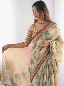 112
SIRIL Women's Cotton Linen Kalamkari Printed Handloom Saree with Unstitched Blouse Piece
