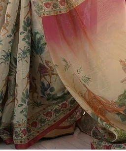 112
SIRIL Women's Cotton Linen Kalamkari Printed Handloom Saree with Unstitched Blouse Piece