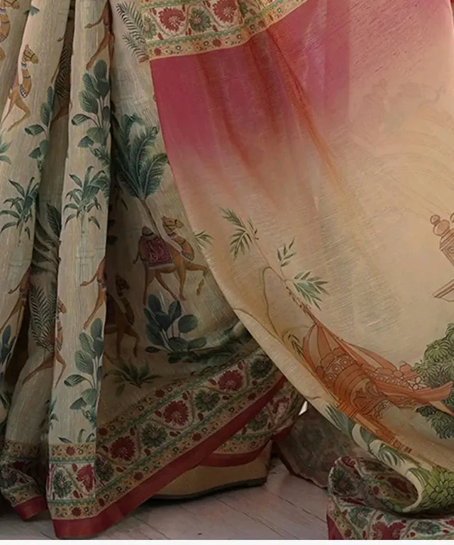 112
SIRIL Women's Cotton Linen Kalamkari Printed Handloom Saree with Unstitched Blouse Piece