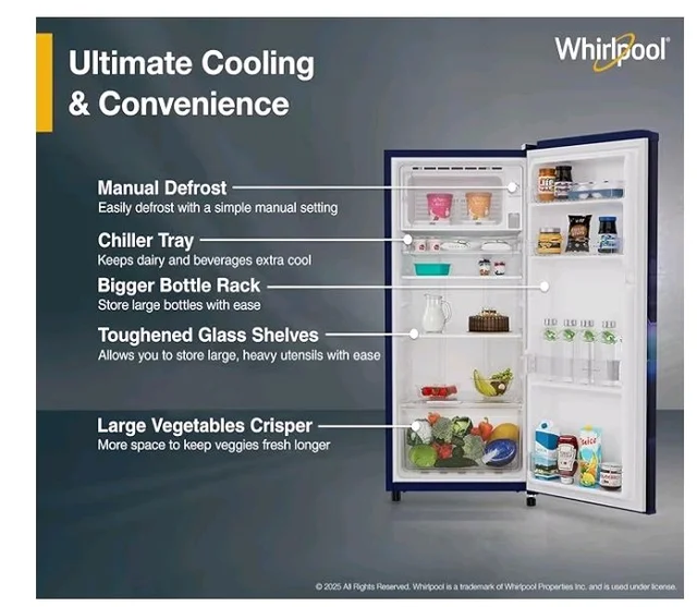 Whirlpool 184 L 2 Star Direct-Cool Single Door Refrigerator (205 WDE CLS 2S SAPPHIRE BLUE-Y, Blue, 2026 Model)