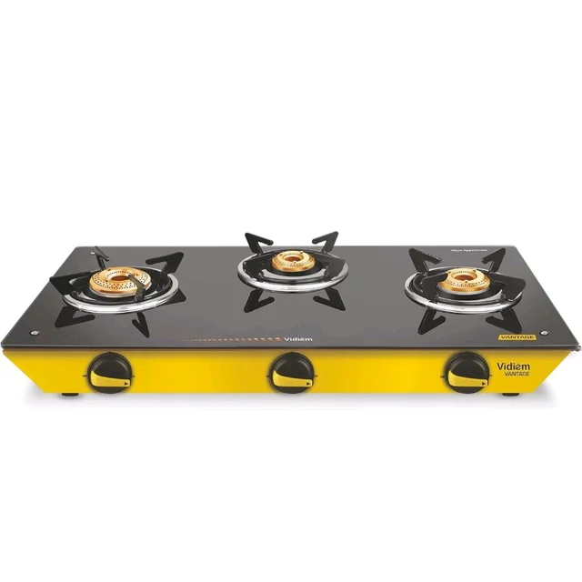 Vidiem Vantage 3 Burner Gas Stove| Manual Ignition | 7mm Thermally Treated Toughened Glass Cooktop | Extra-Large Cooking Surface | Heavy-Duty Brass Burners | ISI Certified | 2 Years Warranty |Y