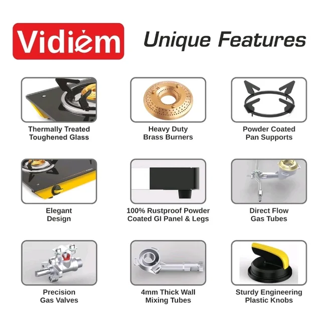 Vidiem Vantage 3 Burner Gas Stove| Manual Ignition | 7mm Thermally Treated Toughened Glass Cooktop | Extra-Large Cooking Surface | Heavy-Duty Brass Burners | ISI Certified | 2 Years Warranty |Y