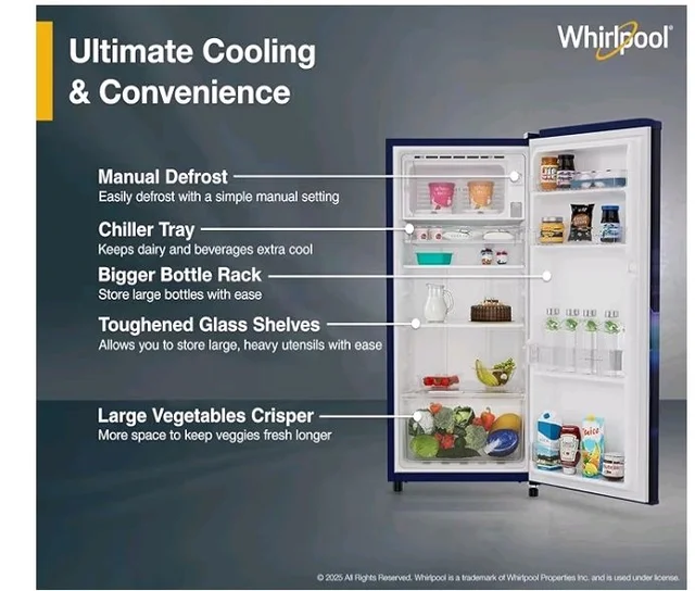 Whirlpool 184 L 2 Star Direct-Cool Single Door Refrigerator (205 WDE PRM 2S SAPPHIRE SERENA-Y, Blue, 2026 Model)