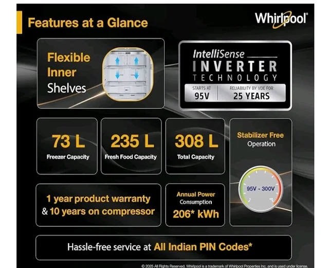 Whirlpool 308 L 3 Star Frost Free Inverter Double Door Refrigerator (IF INV ELT DF355 LUNAR STEEL (3S)-Y, 2026 Model)